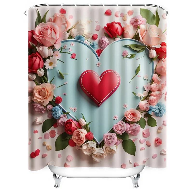 Heart-Shaped Floral Shower Curtain - Waterproof, Mildew-Resistant, Romantic Design Adds Extra Charm to Your Bathroom