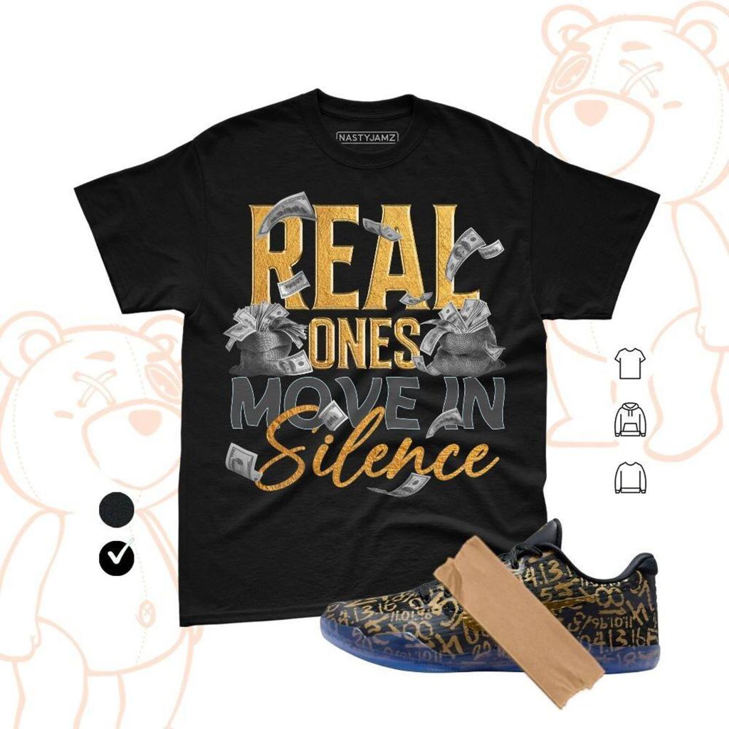 11 Protro Black Gold Move In Silence Money,Streetwear Graphic Tee, Unisex Casual Tee, Sneaker Match Shirt and kids tshirt, Bella Canvas Black Gold