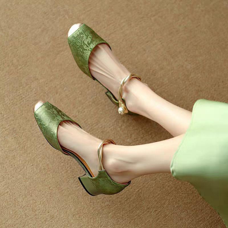 Square Toe High-heeled Sandals for Women Summer Mary Jane's Thick Heel Toe Sandal for Womens New Chinese Style Hollow Sandals