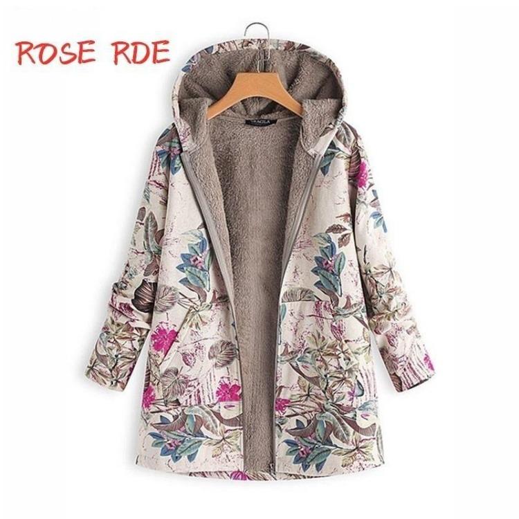 Women Coat Hooded Vintage Floral Wool Thermal Jacket Zipper Casual Top Fashion Outerwear Winter Style Warm S розовый