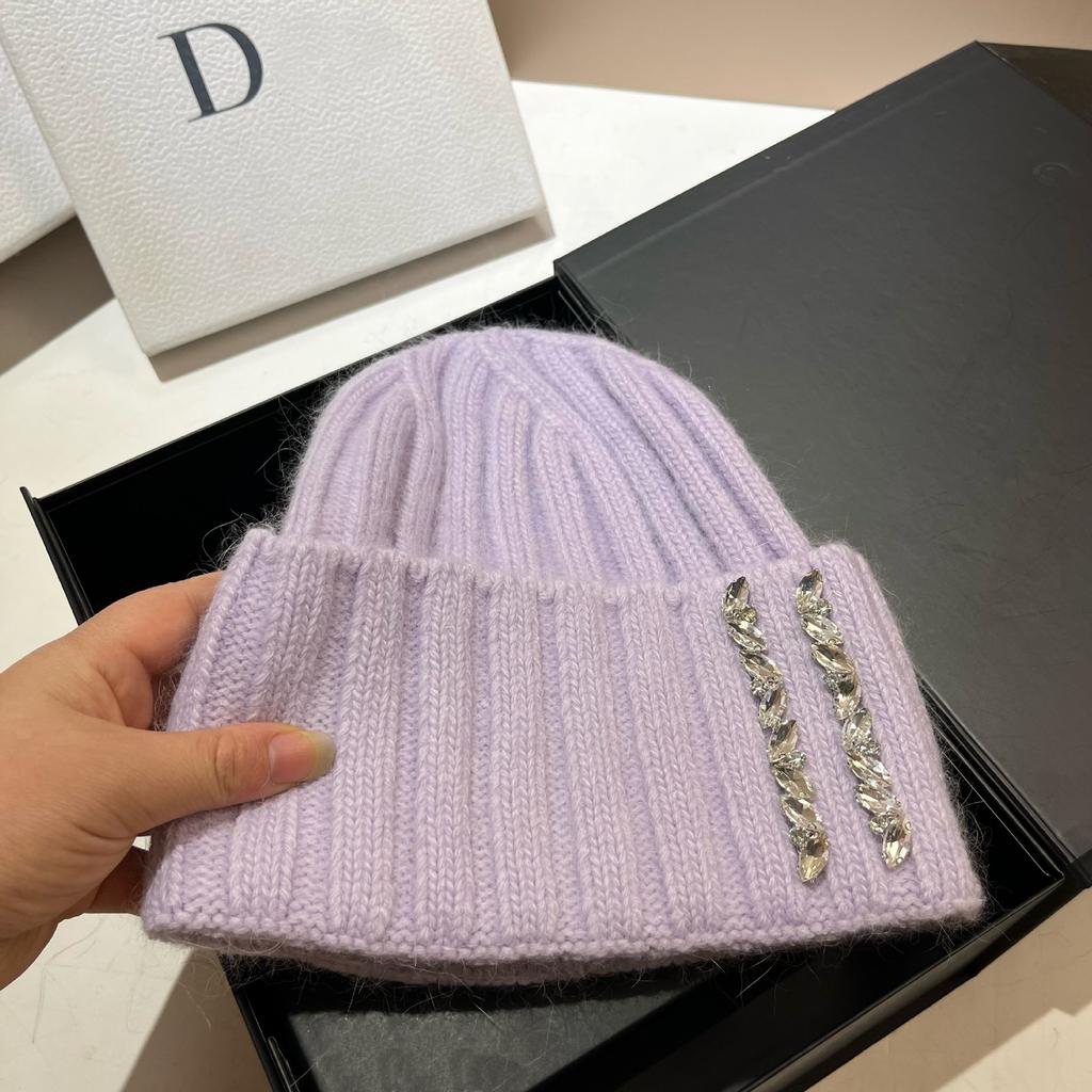 Paris Heavy Industry Light Luxury Rhinestone Knitted Hat Women'S Winter Outdoor Warm Rabbit Hair Wool Hat Wide Stripe Shows Small Face