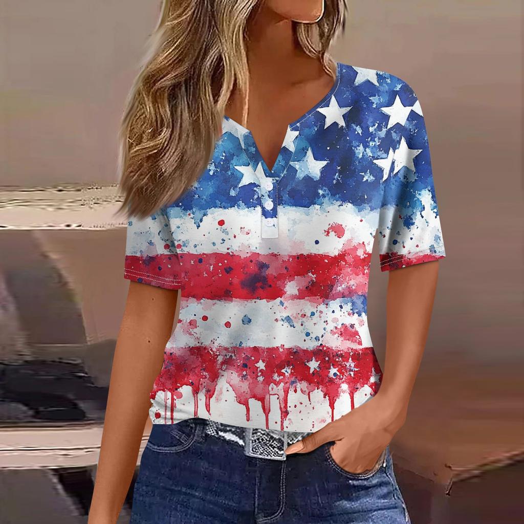 T-skjorte for kvinner med kortermet knapp med kortermet t-skjorte daglig helgmote Basic V-hals vanlig topp