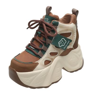 Modne Nowe Damskie Jesienne Wiosenne Sneakersy na Grubej Podeszwie Sznurowane Buty Sportowe na Platformie Kobieta Gruba Podeszwa Wysokie Obcasy Damskie 10CM Koturny Sneakersy