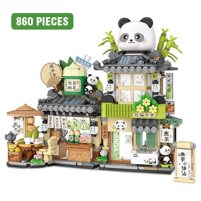 Cute Panda Street View Coffee Shop Mini Building Blocks Creative Building Toys Construction Set Educational Building Toys