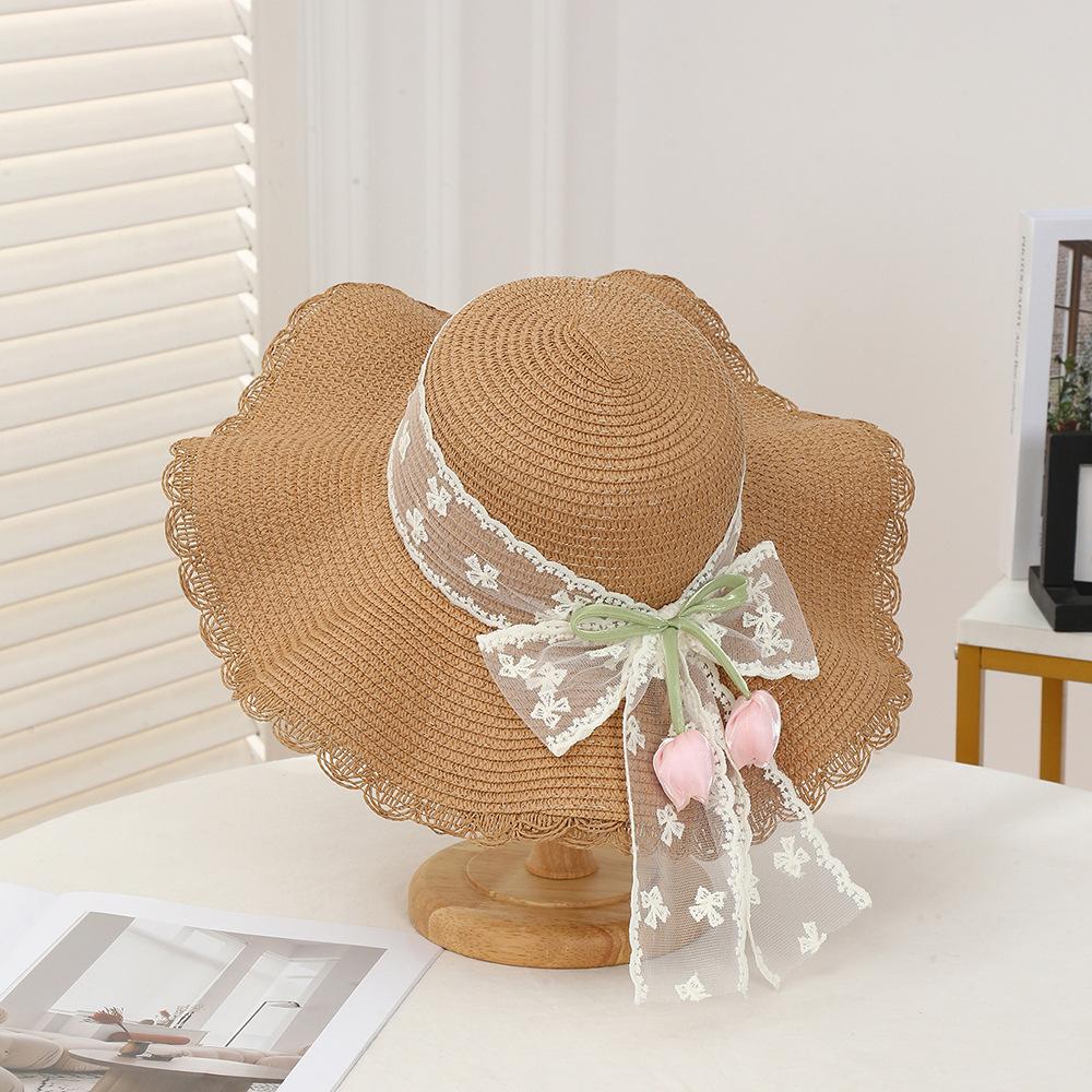 Summer Tulip Straw Hat, Seaside Vacation Bow Sunscreen Sun Hat, Large Brim Sun Hat Wholesale Spot