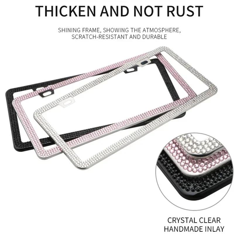 1/2pcs Bling Crystal License Plate Frame Luxury Car Frame Plate with Button Diamond Car License Plate Frame Cover for Women