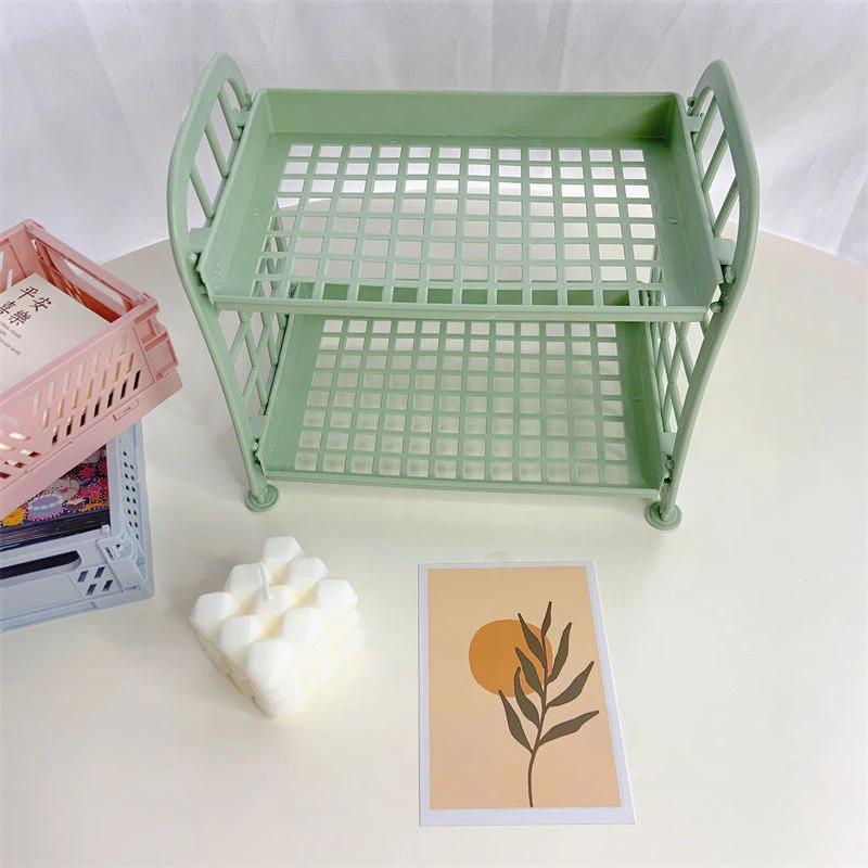 Двухслойная полая полка складной настольный органайзер для дома экономящий место съемная полка корзина для хранения косметики для студентов зелёный 6454₽