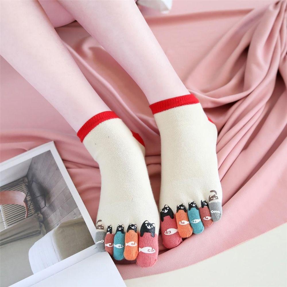 Breathable Tabi Toe Socks Funny Cat Pattern Seperated Toe Socks Athletic Ankle Socks  Casual Use