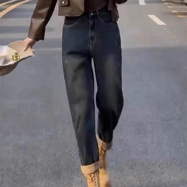Damskie zimowe dżinsy haremowe wyszczuplające z wysokim stanem, z podszewką z polaru - dla figury gruszki, wszechstronny fason cropped (Trendy 2025)