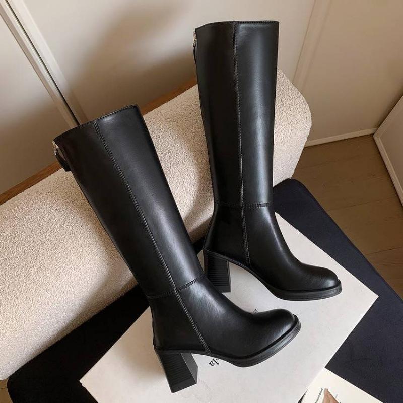 

Autumn and winter women s fashion boots solid color leather large size women s boots high heel rear zipper new cowhide versatile high boots 39