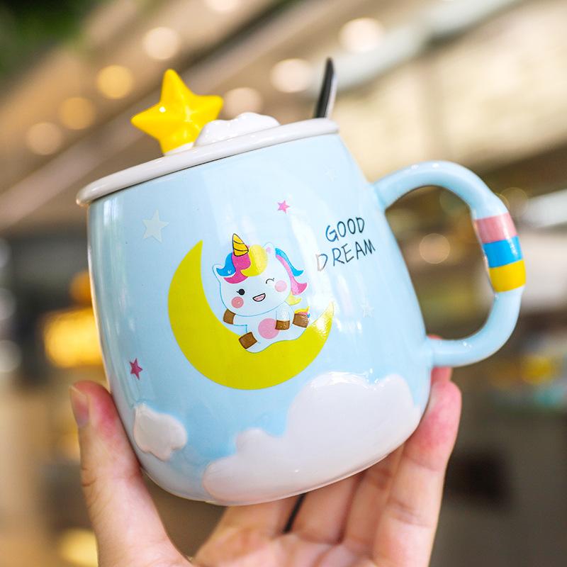 450ml Creative unicorn Ceramic Mug With Lid and Spoon Cartoon Milk Coffee Tea Cup Porcelain Mugs Nice Gifts Drop shipping