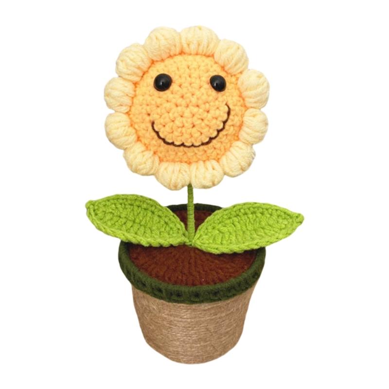 

LED Lighted Smiling Sunflowers Crochet Potted Plant Ornament Handcrafted Home Decors No Maintenance Needs Perfect Gift