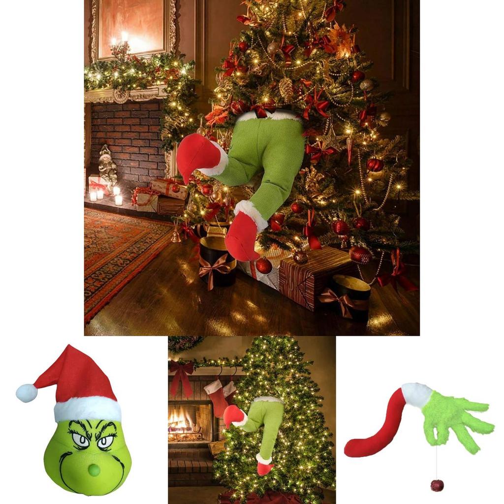 Charming Grinch Christmas Decorations Furry Green Leg And Head Tree Ornament Set