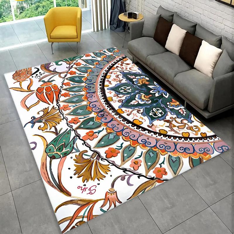 Bohemian Style Mandala Area Rug With Colorful Artistic Floral Geometric Patterns Soft Decorative Carpet For Living Room Bedroom