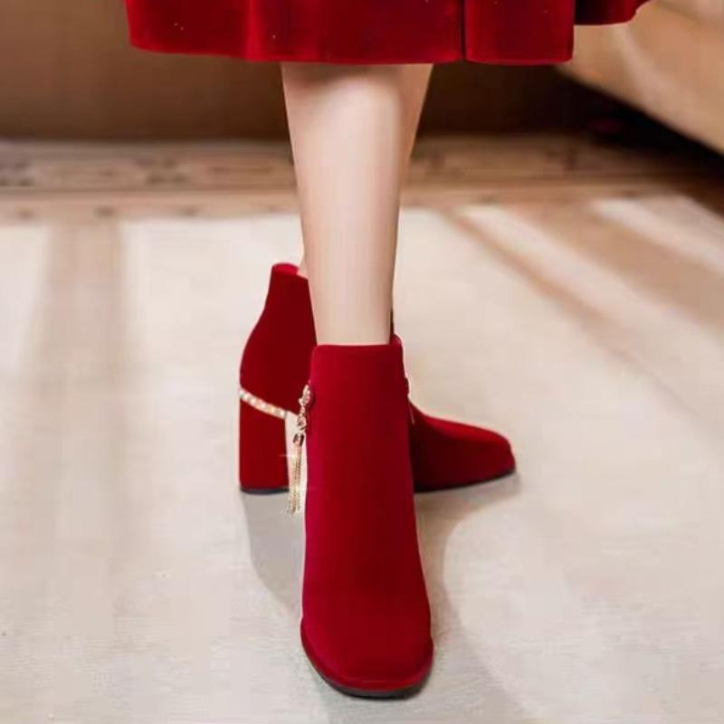 Bow Booties Fashion Round Toe Suede Side Zipper Non-Slip Wear-Resistant Block Heel Shoes