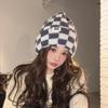 Checkerboard Plaid Knitted Hat for Women In Autumn and Winter Korean Style Niche Big Head Wool Hat Japanese Face Showing Small Christmas Hat