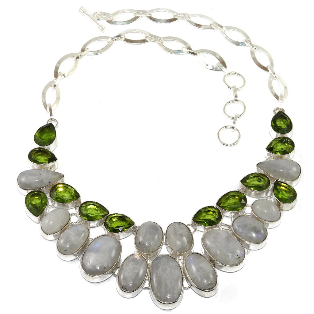 Rainbow Moonstone Peridot Gemstone Silver Jewelry Necklace 16-18''