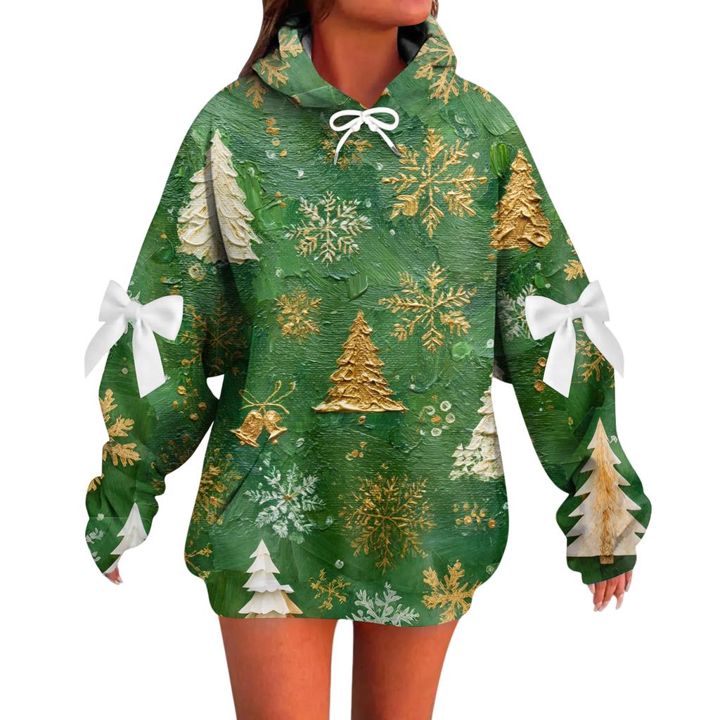 Ladies' Christmas Printed Bow Long Sleeved Loose Fitting Headband With Rope Hooded Sweatshirt Top