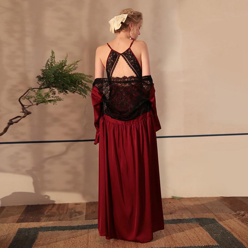 Satin Pajamas Women's Sexy Lace Light Luxury Long-sleeved Cool Nightgown Bathrobe Loungewear