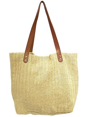 Κομψή πλεκτή τσάντα tote με χερούλια από τεχνητό δέρμα. Ένα εκλεπτυσμένο και κομψό casual look. Μεγάλη χωρητικότητα, πλαϊνή τσέπη 13cm πλάτος. Μπεζ.