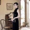 New Chinese-style improved cheongsam women's black sleeveless slim-fitting and thin temperament retro high-end elastic velvet dress