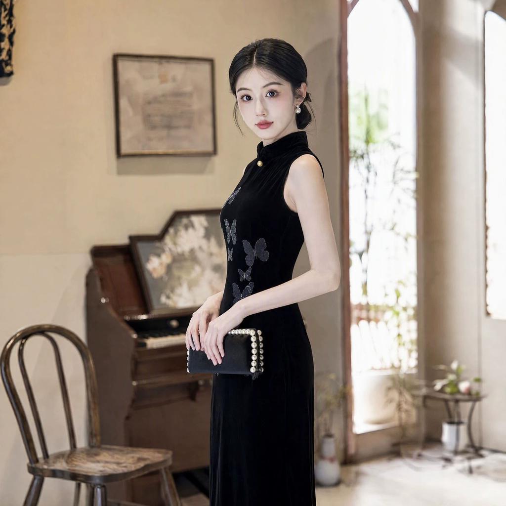 New Chinese-style improved cheongsam women's black sleeveless slim-fitting and thin temperament retro high-end elastic velvet dress