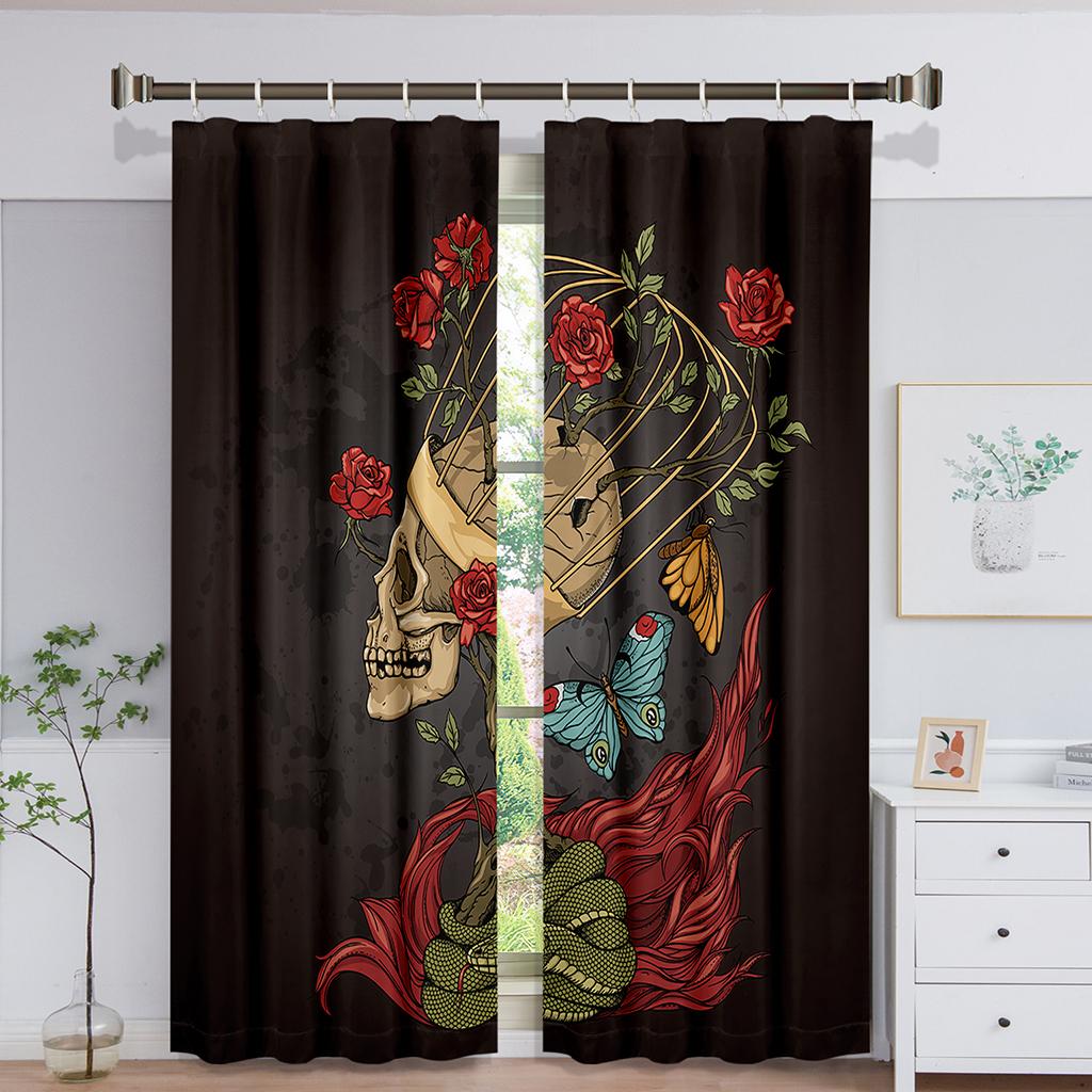 Fertige Luxus Totenkopf Sonnenschutz Dünne Fenstervorhänge Für Kinder Schlafzimmer Wohnzimmer Badezimmer Küche Tür Flur Heimdekor 2 Stück