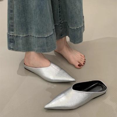 Pointed Retro Bag Head Slippers Women Wear Spring and Summer Silver Lazy Shoes Low Heel Soft Leather Half Drag Thin