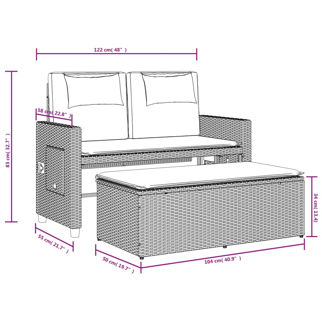 Adjustable Garden Bench with Cushions Grey Poly Rattan