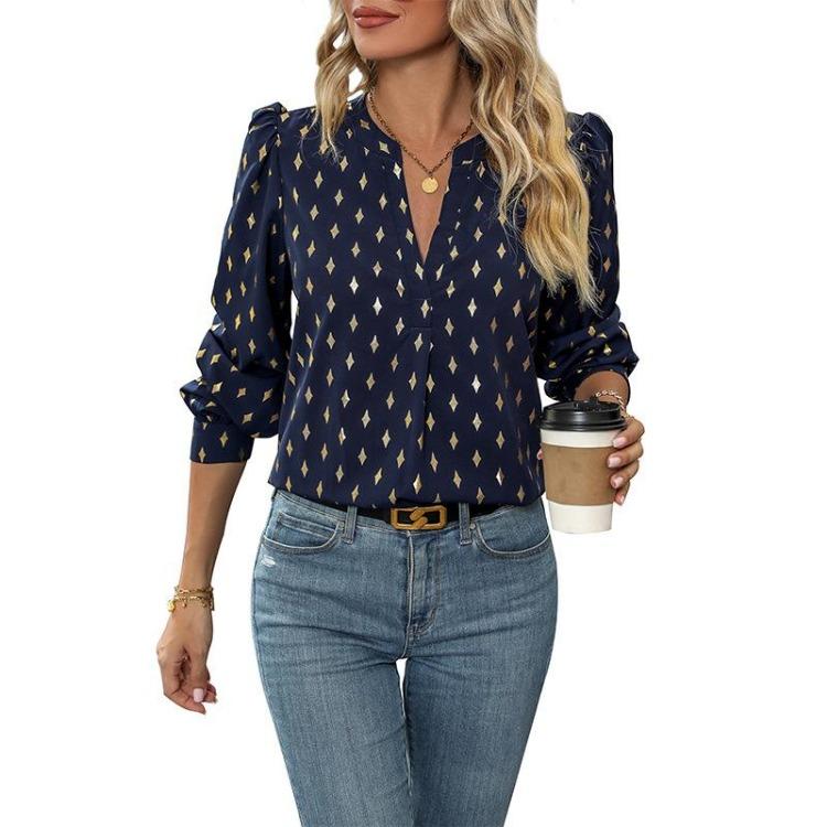 Women Long Sleeve V Neck Casual Pullover Top Printed Shirt for Spring Autumn Fashion