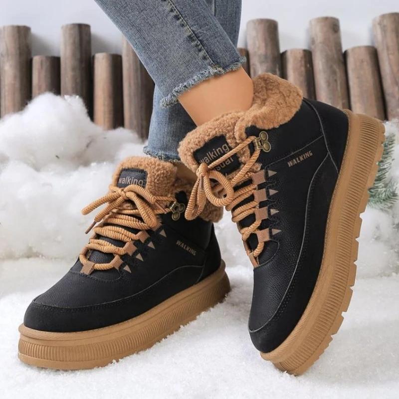 New Thick Bottom Women's Plush Lace Warm Shoes Outdoor Non slip Casual Shoes