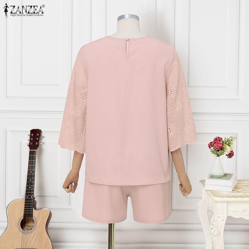 ZANZEA Women Short Sleeve Blouse and Shorts Summer Two Piece Suit Sets