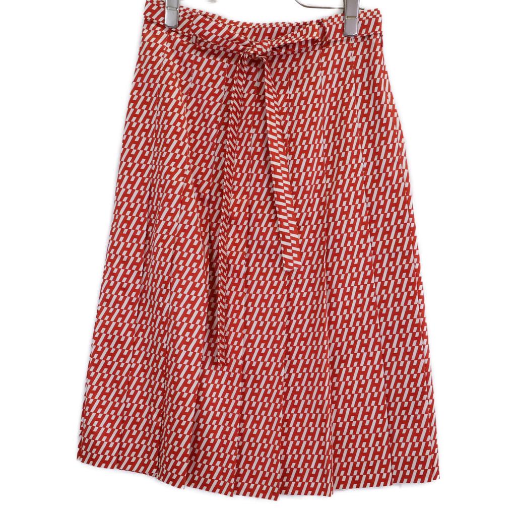 HERMES Authentic domestic product: RE EDITION1973 5H0399DQ Wool Silk H-pattern Belted Tuck Flare skirt 36 Red x whiteUsed