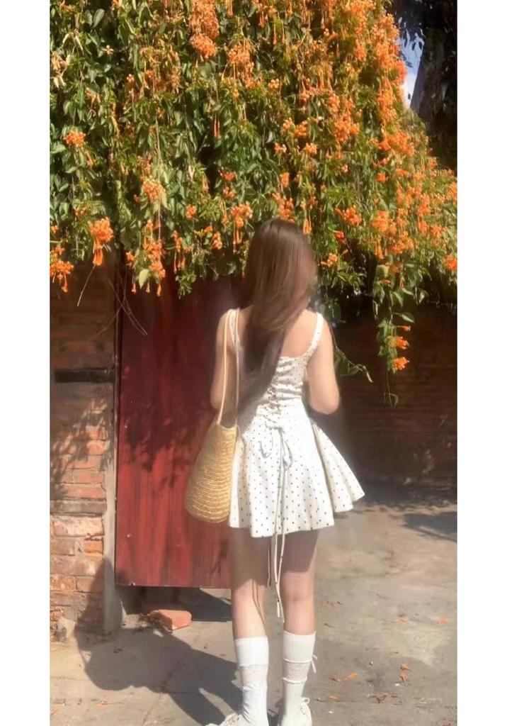 French Retro Apricot Polka Dot Spaghetti Strap Dress for Women - A-line, Waist-cinching Flared Short Skirt (2026 Style).