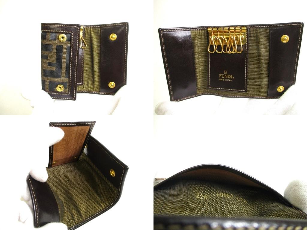 Authentischer FENDI Zucca Khaki Canvas Dunkelbraunes Leder 6er Schlüsselanhänger #a455 Überholt