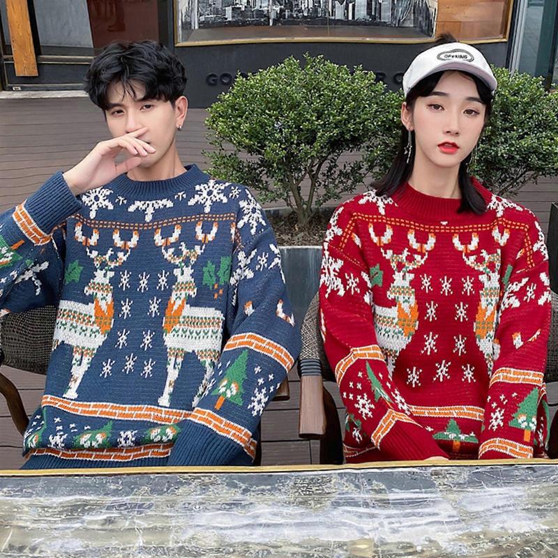 Christmas Couple Sweater Christmas Sweater Christmas Jumper Christmas Turtleneck Sweater Warm Pullover Sweaters  Blue XL