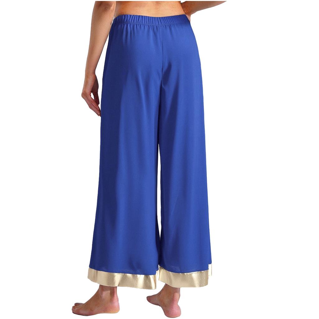 Womens Worship Praise Dance Pants Elastic Waist Metallic Shiny Trim Wide Leg Pants Loose Trousers