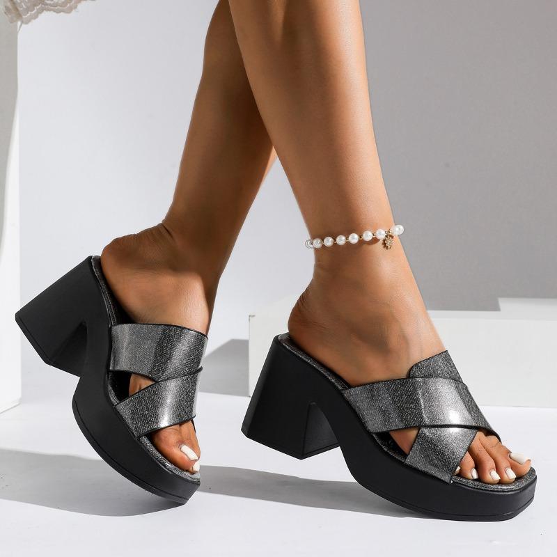 N Nü High Heel Platform Slippers with Peep Toe Block Heel Versatile Wear Square Toe Fashion Shoes