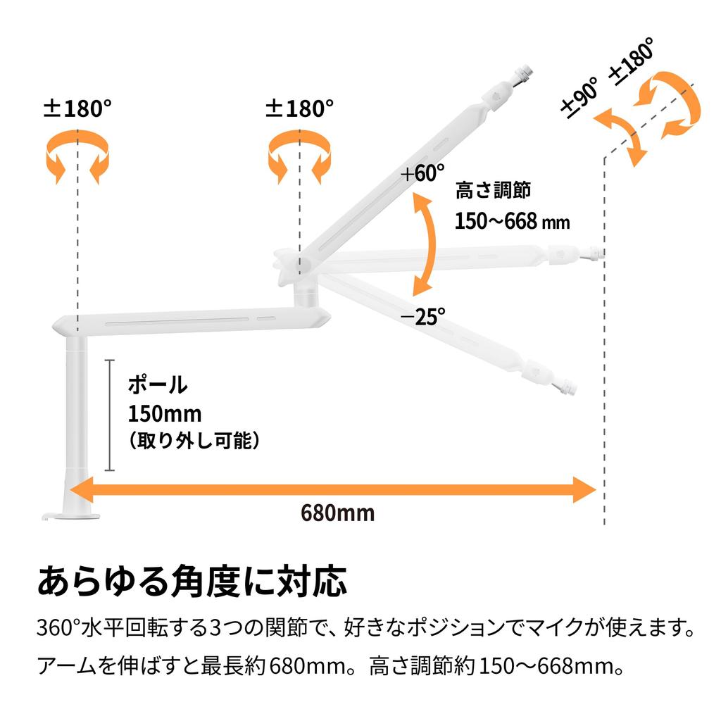 Archiss Microphone Arm, 2-Level Height Adjustment, Low Profile, Mounting Method (Clamp, Grommet), White, AS-MBA02