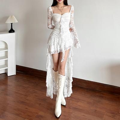 Gothic Dark Fairycore Spitze Schlagärmel Quadratischer Ausschnitt A-Linien-Kleid Süßes E-Girl Unregelmäßiger Langer Saum Kleider Cyber Y2K Party Vestido