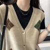 Spring and Autumn Vintage Rhombus V-neck Knitted Vest Cardigan for Women Layered Vest Sweater Casual Cardigan Sweater Vest Tops