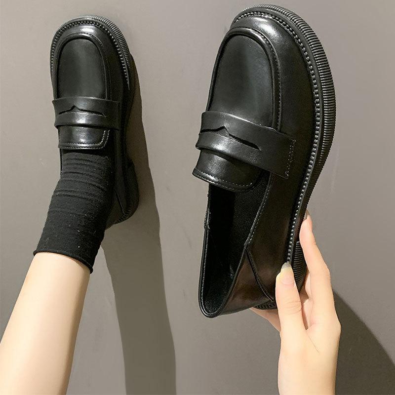 Retro Metal Black Single Shoes Versatile Women's New British Style Soft Leather Spring and Autumn Small Leather Shoes Women