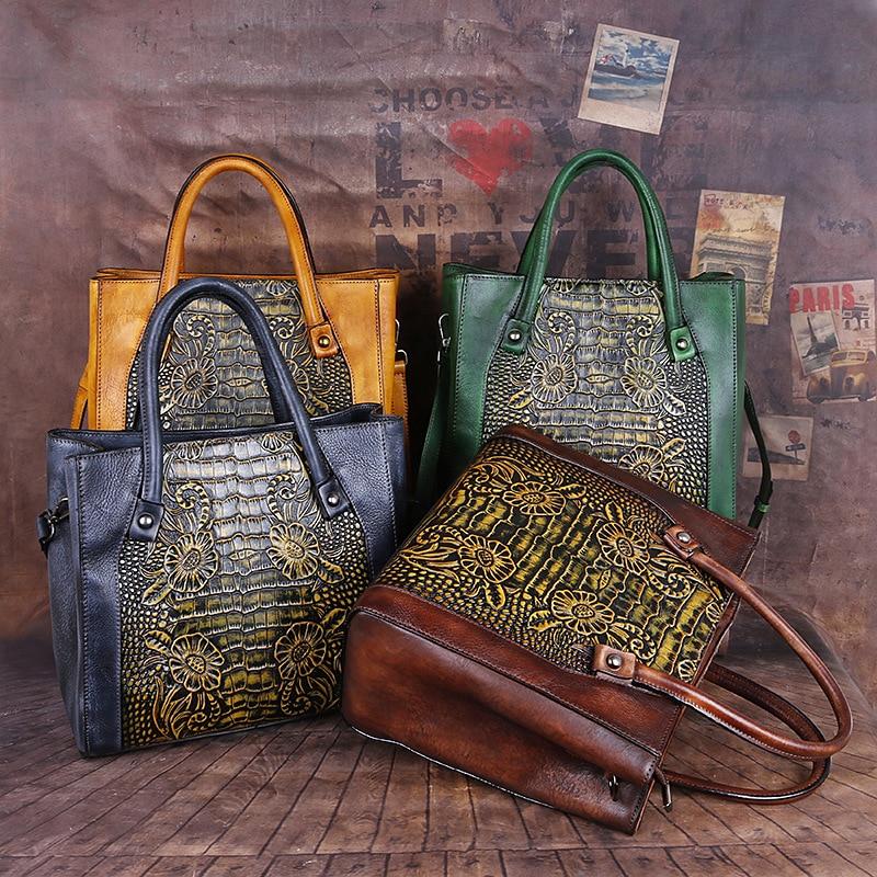 Johnature Retro Genuine Leather Handmade Women Bag First Layer Cowhide Large Capacity Handbag Embossed Shoulder Bags