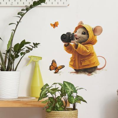 Cartoon Camera Mouse and Butterflies Wall Sticker for Bedroom Living Room Entryway Removable Self-Adhesive Home Decor