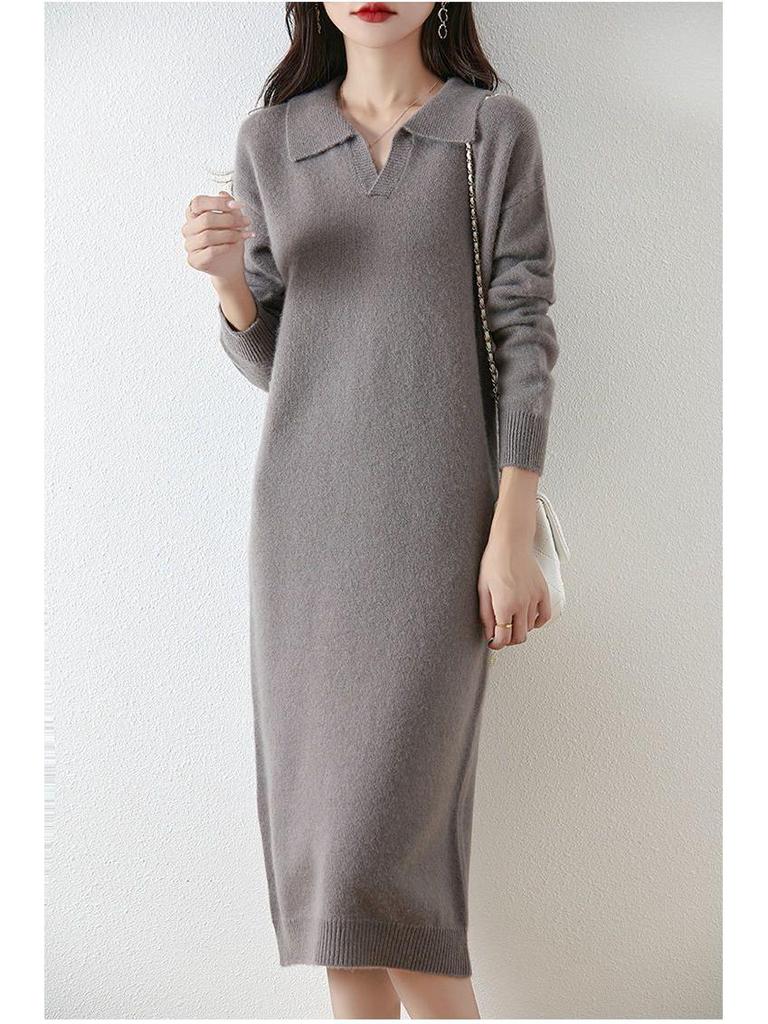 Women's Thickened Wool Polo Neck Long Dress - Autumn/Winter Loose Knit Base Layer 