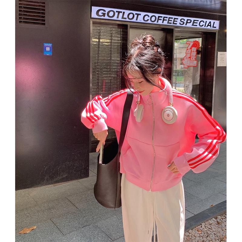 Women's Petite Pink Stand-up Collar Baseball Jacket - Sporty, Casual, for Spring and Autumn