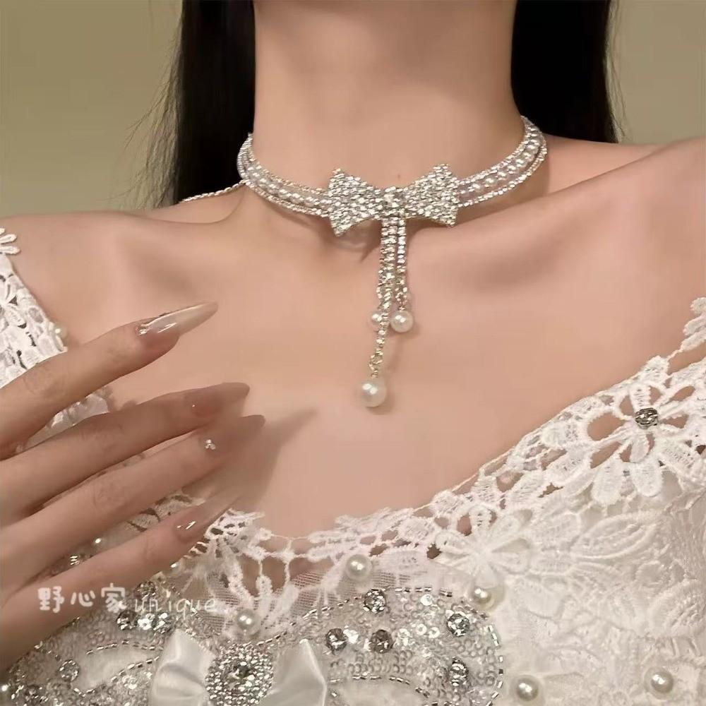 Tassel Pearls Rhinestone Choker Silver Shiny Neck Jewelry Personalized Bow Beads Necklace  Bride