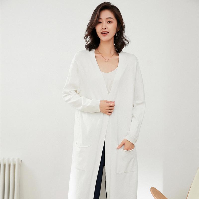Women's Knee-Length Knit Cardigan Coat - Solid Color Long Sleeve Autumn/Winter Sweater