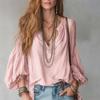 Women Casual Loose Bohemian Style V Neck 3 4 Sleeve Lantern Sleeve Shirt