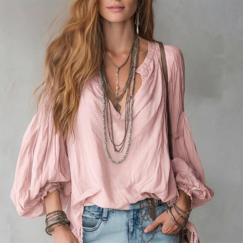 Women Casual Loose Bohemian Style V Neck 3 4 Sleeve Lantern Sleeve Shirt